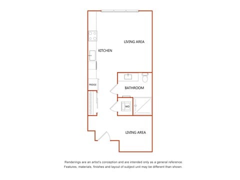 Floor plan for 1 bed, 1 bath, 513 sqft